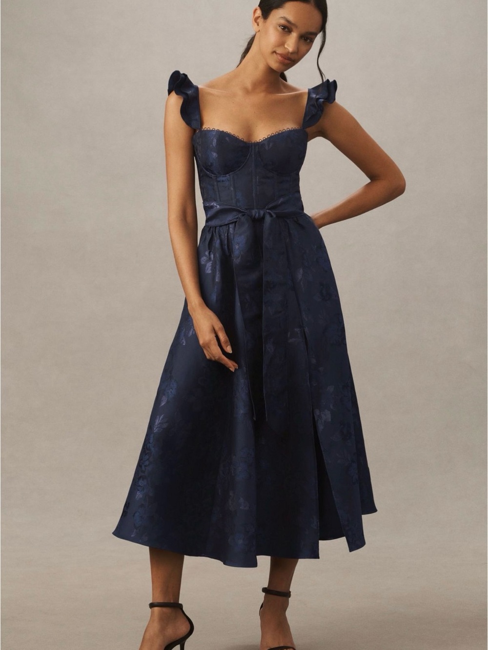 BHLDN V. Chapman Vera Ruffle-Strap Corset Side-Slit Midi Dress 16